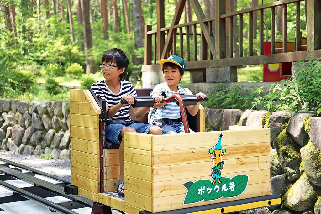 2人乗りで漕いで進む「トロッコイデ」／富士すばるランド（山梨県富士河口湖町）