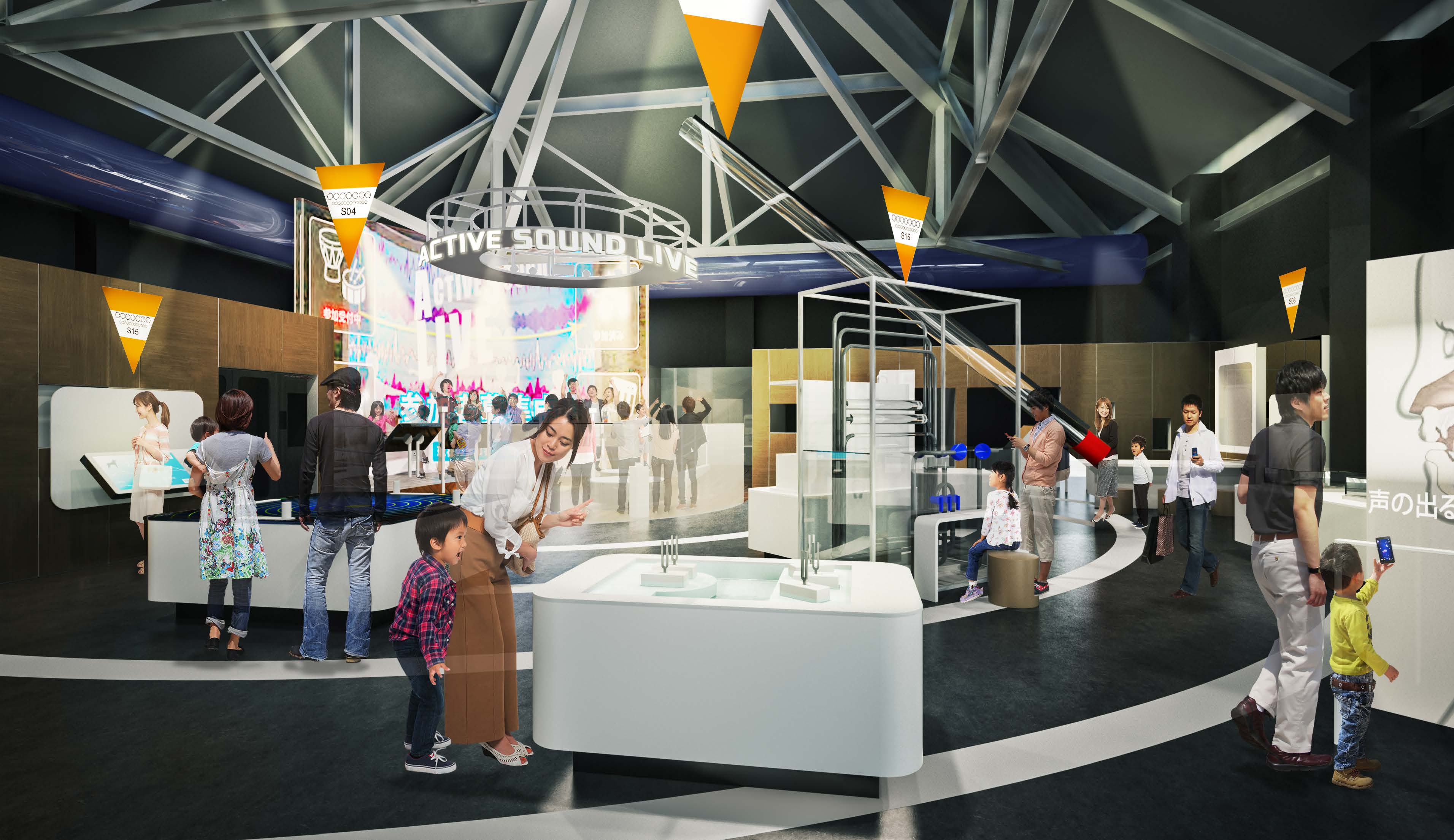 6つの展示コーナー（自然・音・光・力・宇宙・新技術）の様子／浜松科学館「みらいーら」（静岡県／浜松市）