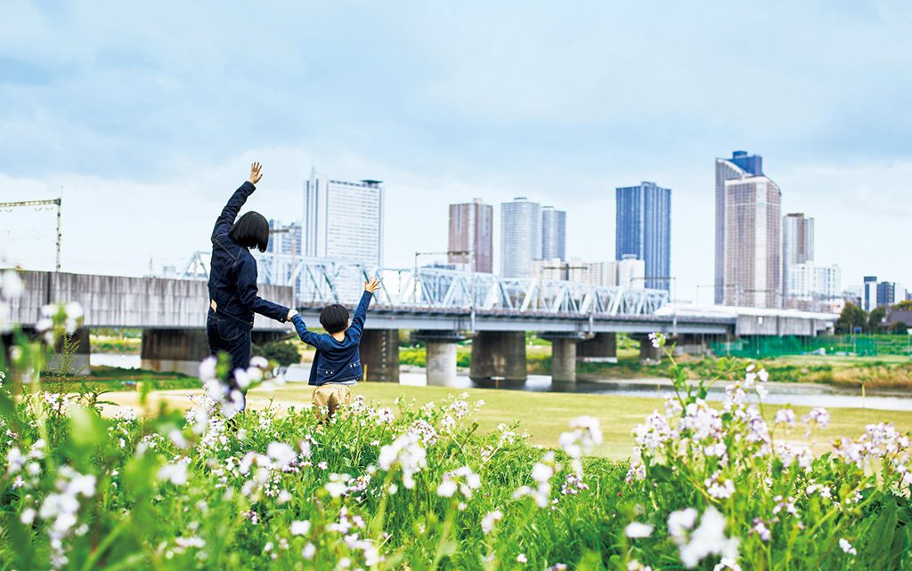 新幹線が見える多摩川丸子橋緑地