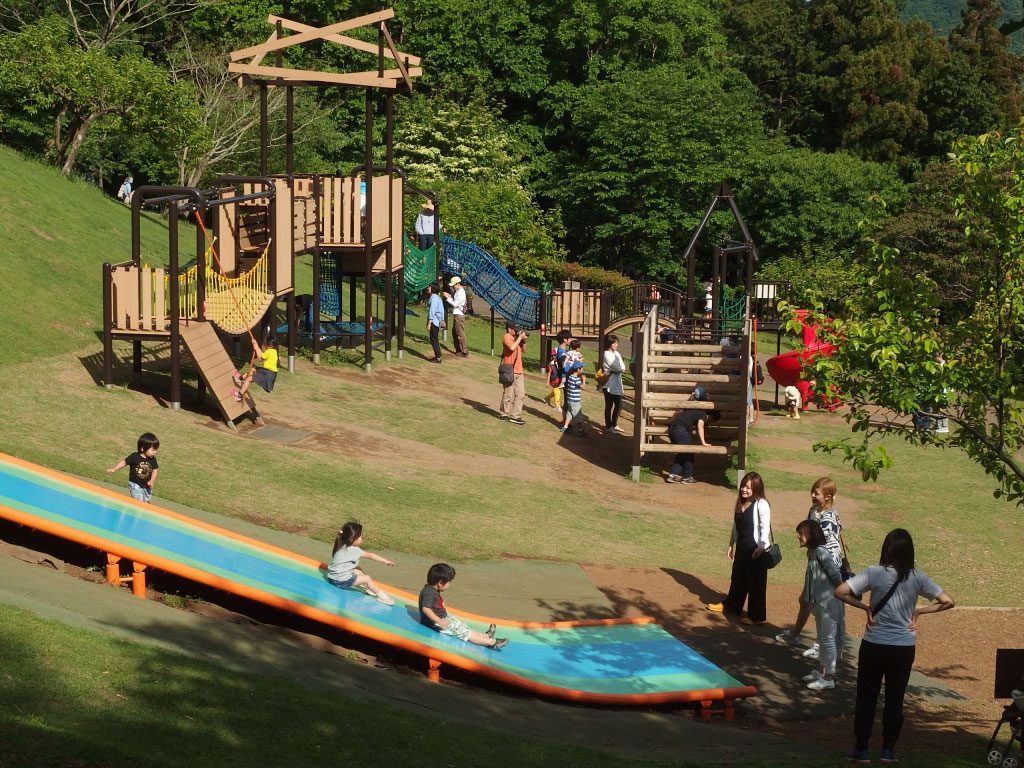 広場のアスレチック遊具で遊ぶ幼児たち/県立津久井湖城山公園(神奈川県/相模原市)