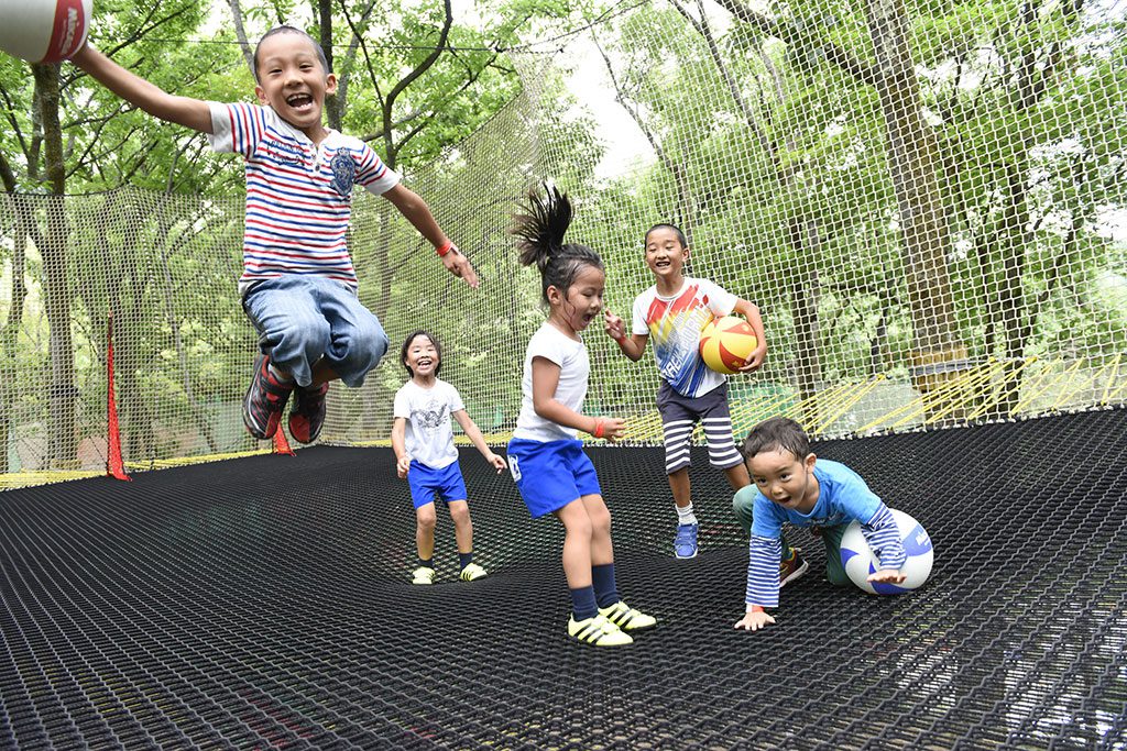 網の上で跳ね回る子どもたち/森の空中あそび「パカブ」/(神奈川県/南足柄市)