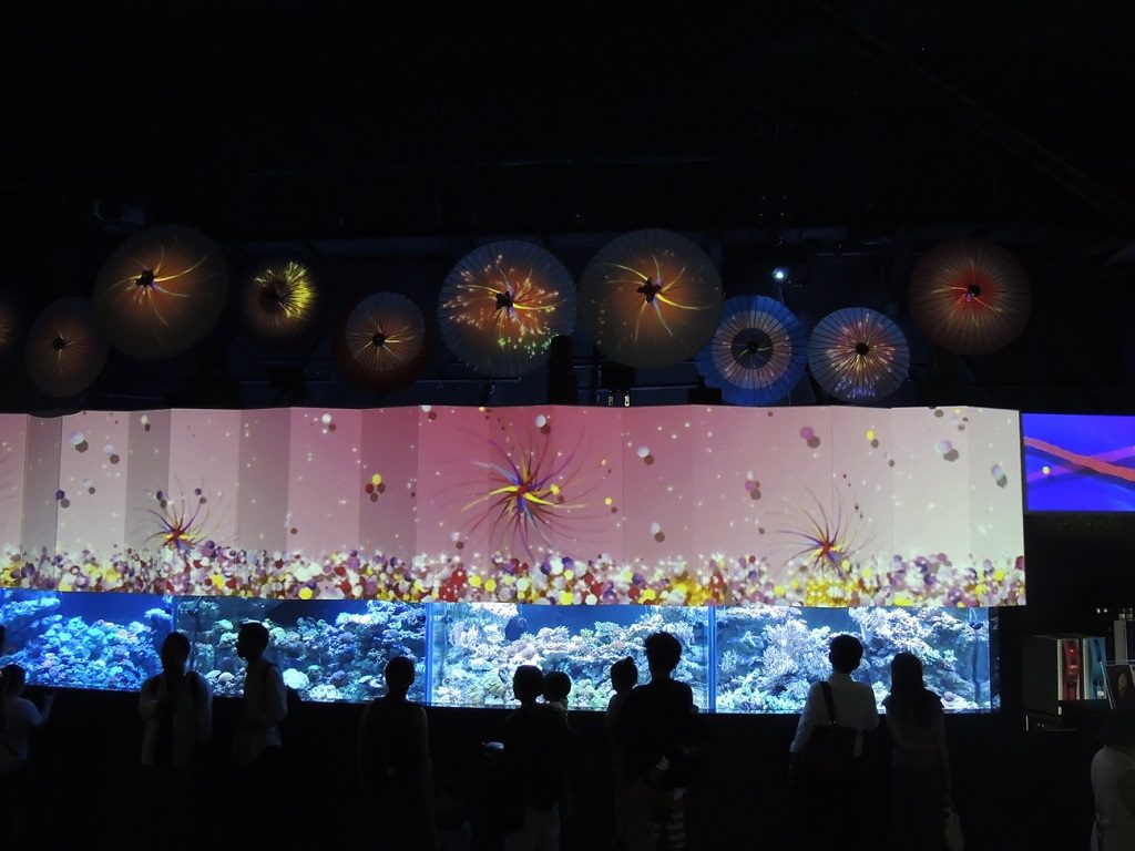 水槽を眺めながら飲食できるコーラルカフェバー／マクセル アクアパーク品川（東京都/港区）