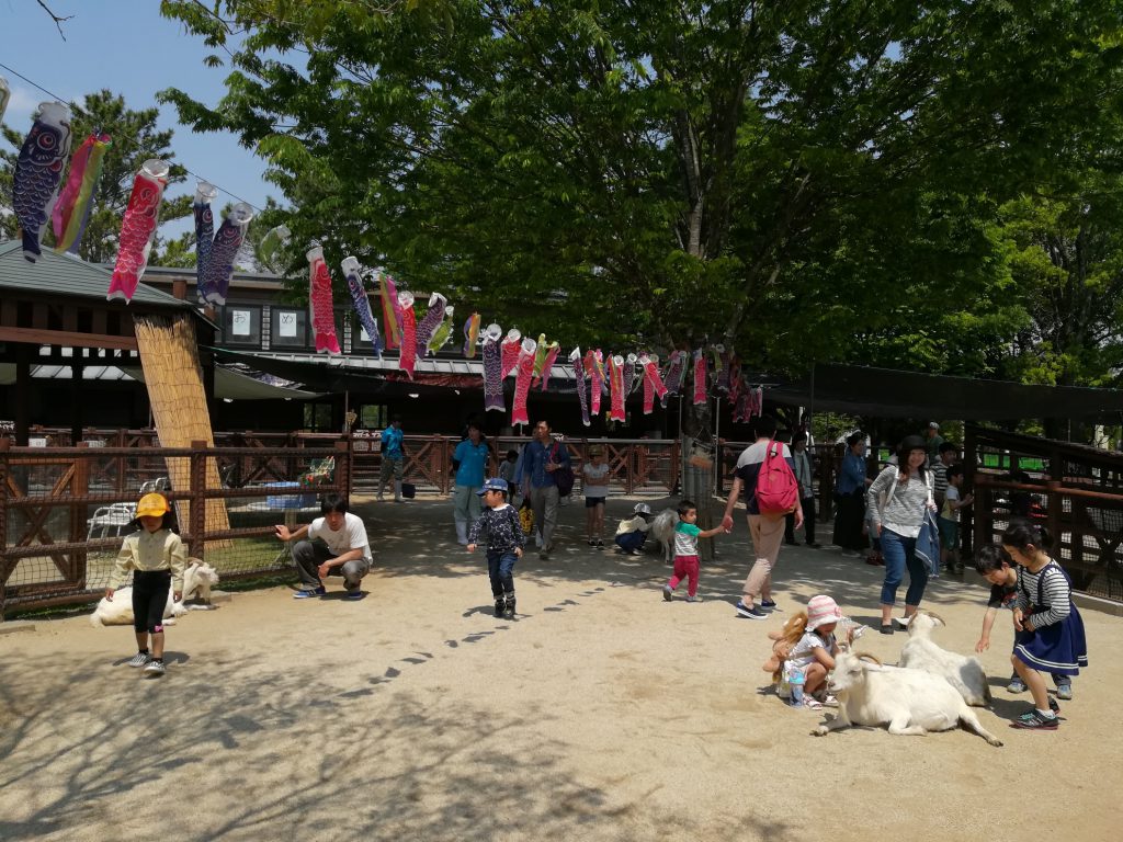 ヤギとふれあう子どもたち／熊本市動植物園