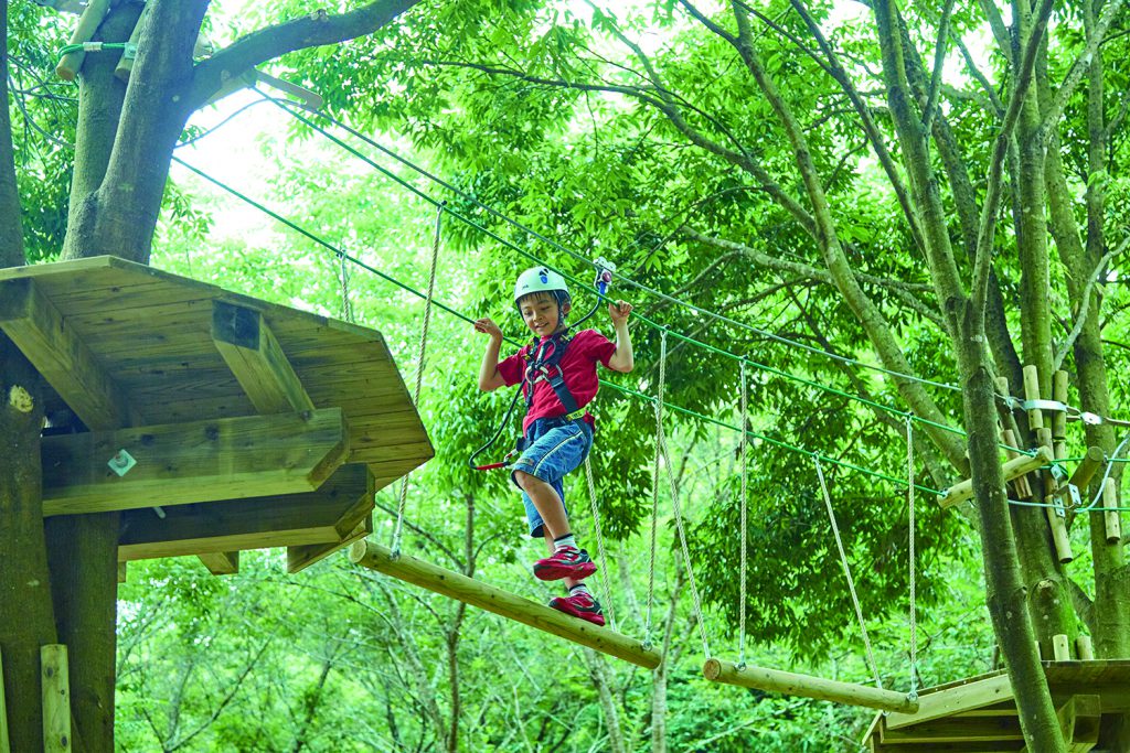 揺れるつり橋を渡る子ども／こもれび森のイバライド（茨城県／稲敷市）