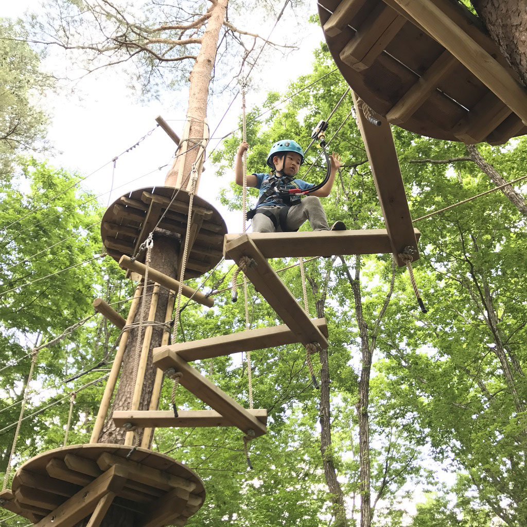 KOZARUコースに挑戦する子ども／那須の森の空中アスレチックNOZARU（栃木県／那須郡那須町）