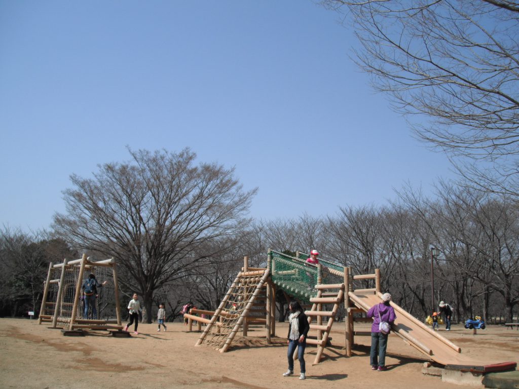 木製アスレチック遊具で遊ぶ人々／千葉県立柏の葉公園