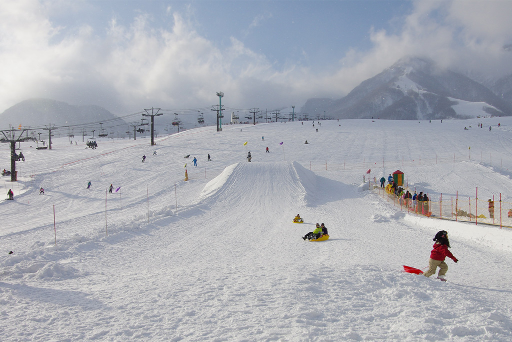 ソリで遊ぶ子どもたち/栂池高原スキー場(長野県/北安曇郡小谷村)
