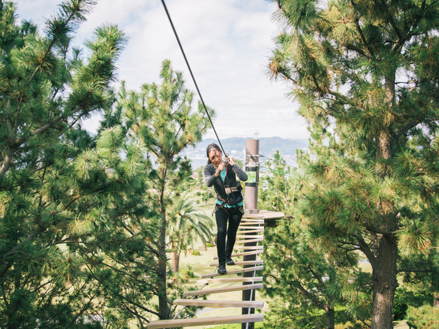専用のハーネスを着用して木の上を渡り歩く