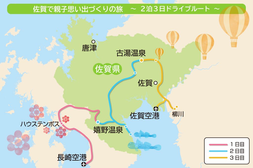 佐賀で親子思い出づくりの旅　2泊3日ドライブルート