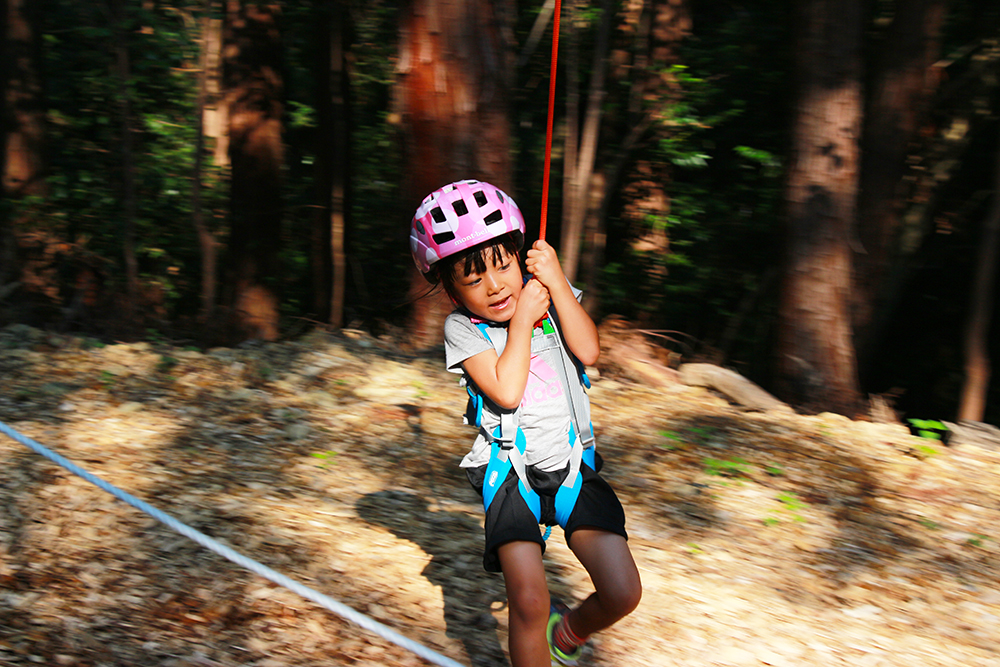勇気を出してジップラインに挑戦する子ども/冒険の森 せき(岐阜県関市)