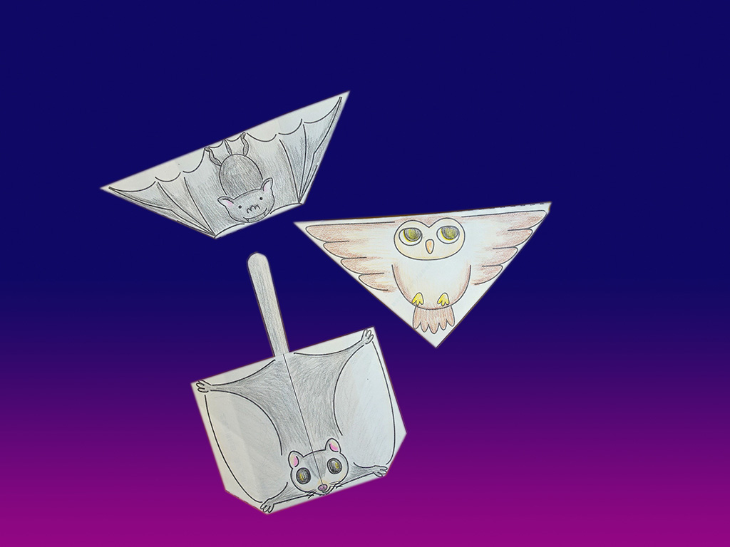 紙で作ったモモンガ、コウモリ、フクロウ