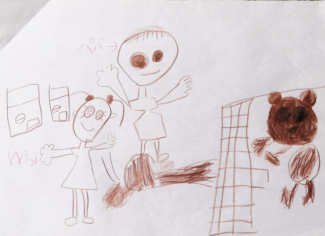 ゆうさんの作品「くまにご飯をあげた絵」(6歳)