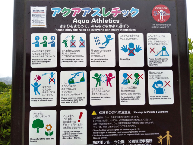 アクアアスレチック注意事項の看板/山梨県笛吹川 フルーツ公園