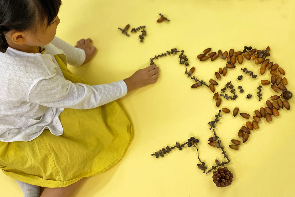 どんぐりを並べて絵を描く様子