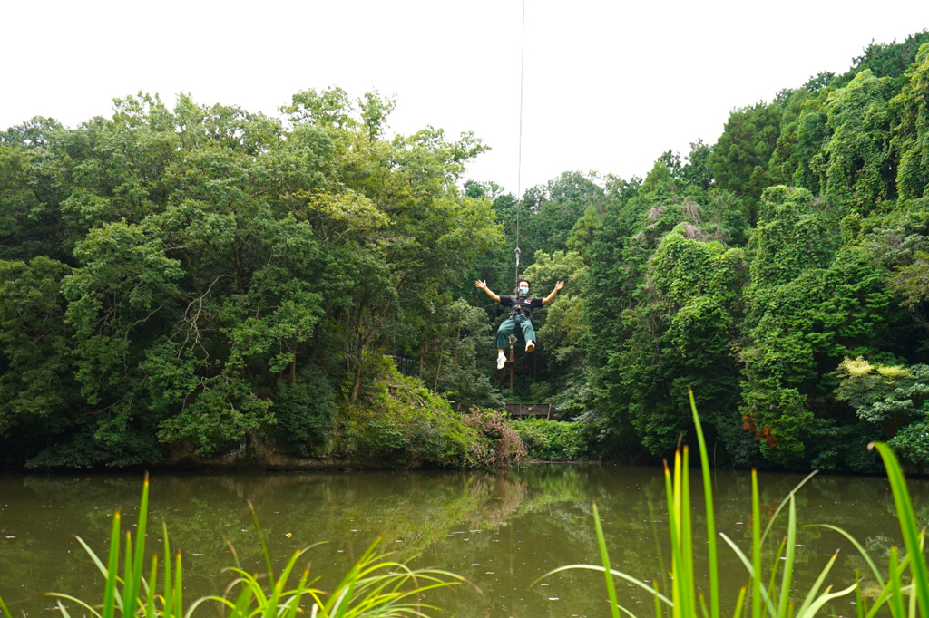 大きな池をまたぐジップライン(150m)/冒険の森inおうじ(奈良県王寺町)