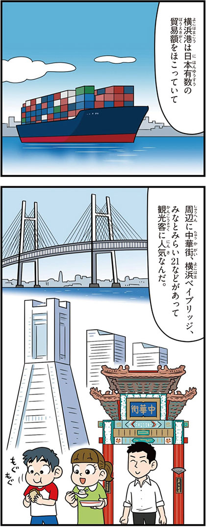 神奈川県の特徴マンガ1／横浜港、中華街、横浜ベイブリッジ、みなとみらい21