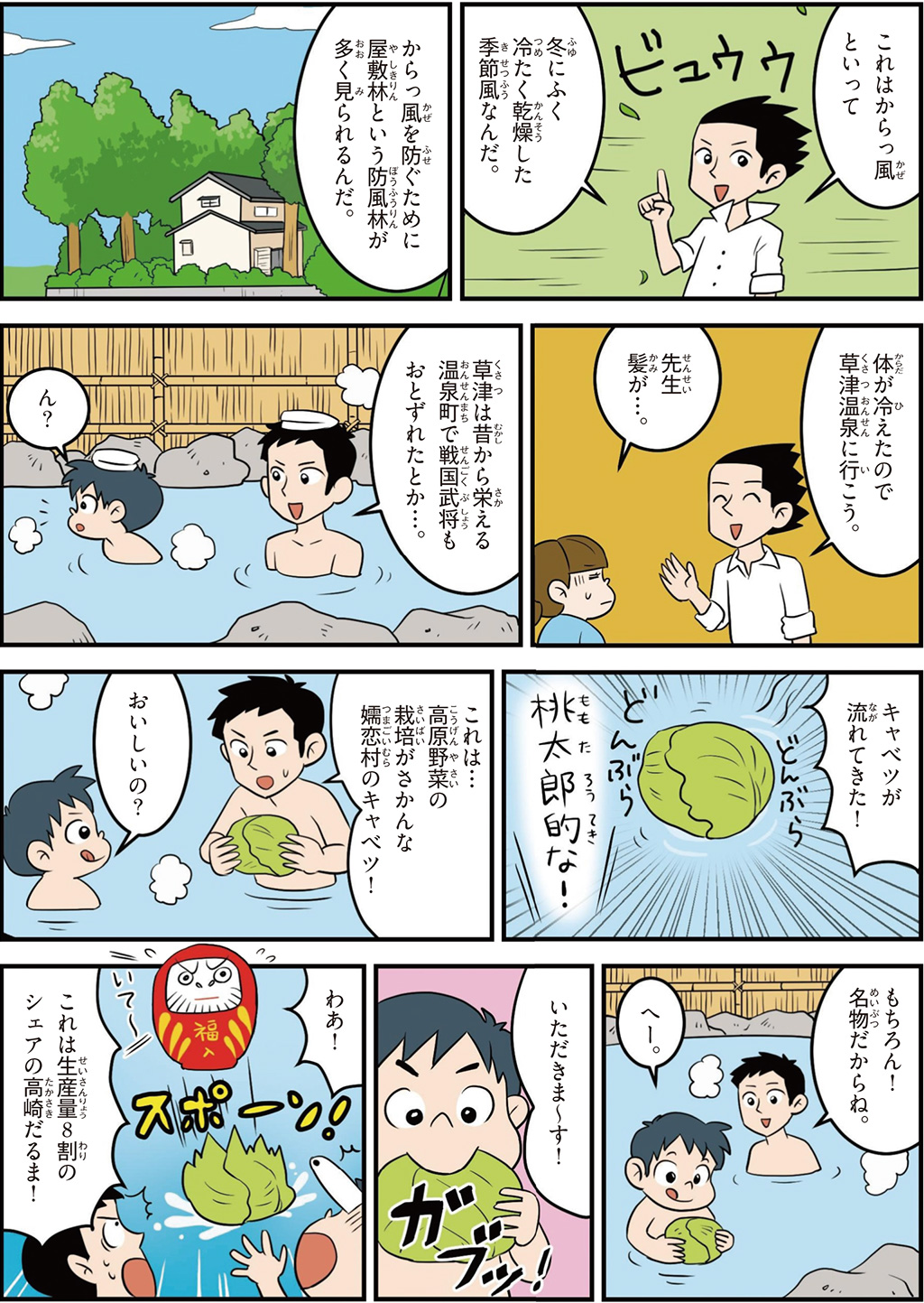 群馬県の特徴マンガ2／防風林、草津温泉、嬬恋村のキャベツ、生産量8割の高崎だるま