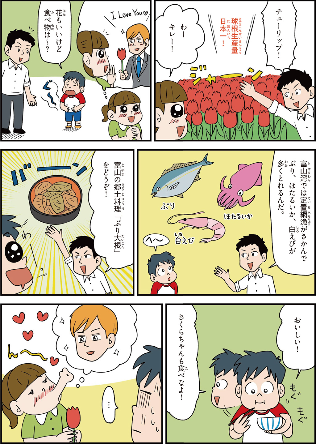 富山県の特徴マンガ2/チューリップ球根生産量日本一、定置網漁、郷土料理「ぶり大根」