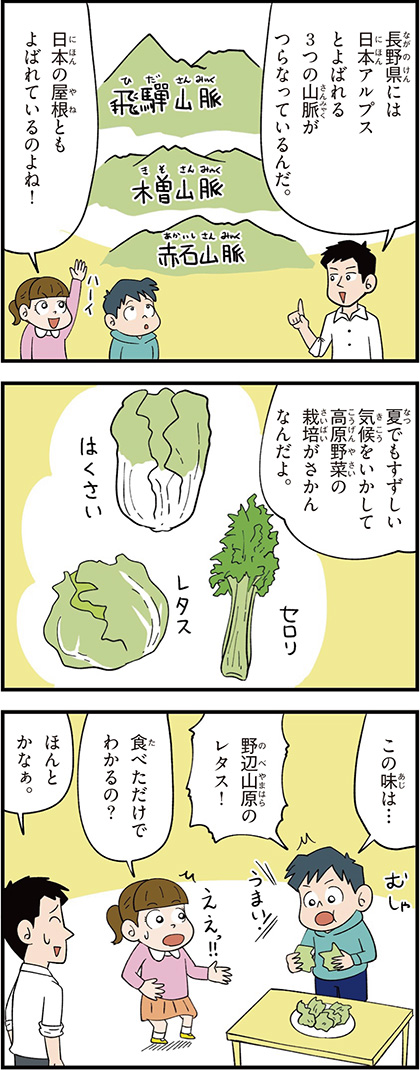 長野県の特徴マンガ1/日本アルプス、高原野菜、はくさい、レタス、セロリ