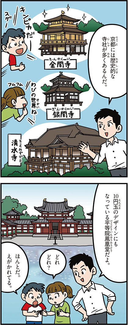 京都府の特徴マンガ1／金閣寺、銀閣寺、清水寺、平等院鳳凰堂