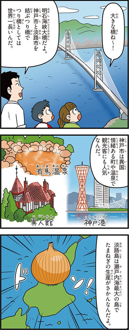 兵庫県の特徴マンガ1／神戸港、有馬温泉、異人館、玉ねぎの生産がさかん