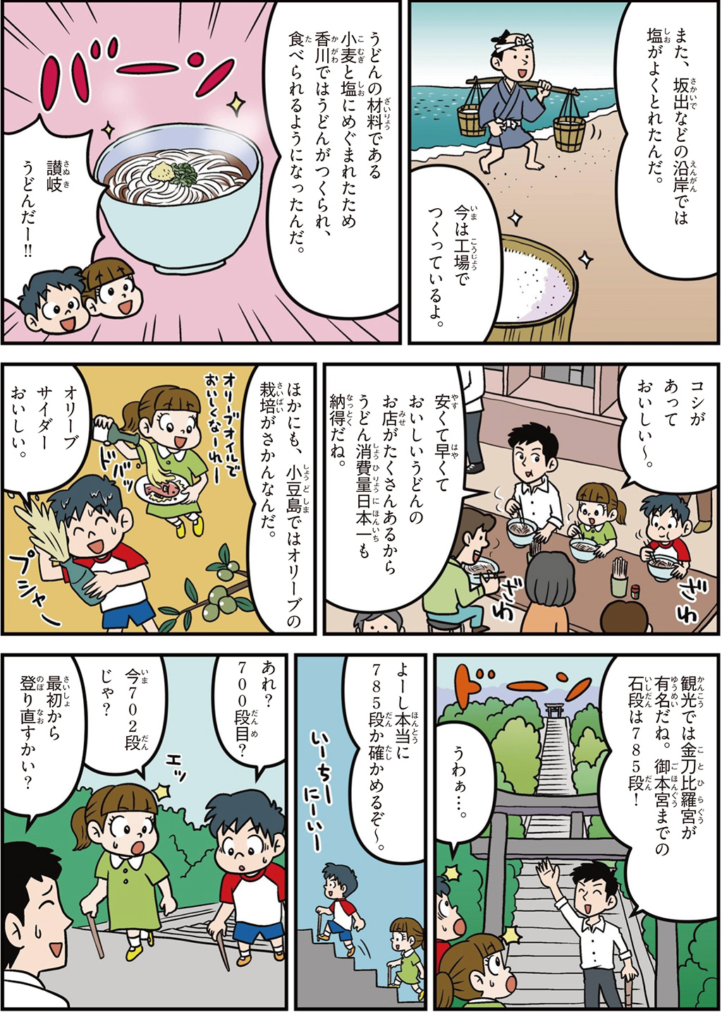 香川県の特徴マンガ2/讃岐うどん、小豆島のオリーブ栽培、金刀比羅宮