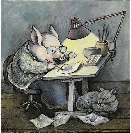 メガネに口ひげのぶたはローベル自身！『ピゲリックス（日本語版未刊行）』（1983）原画