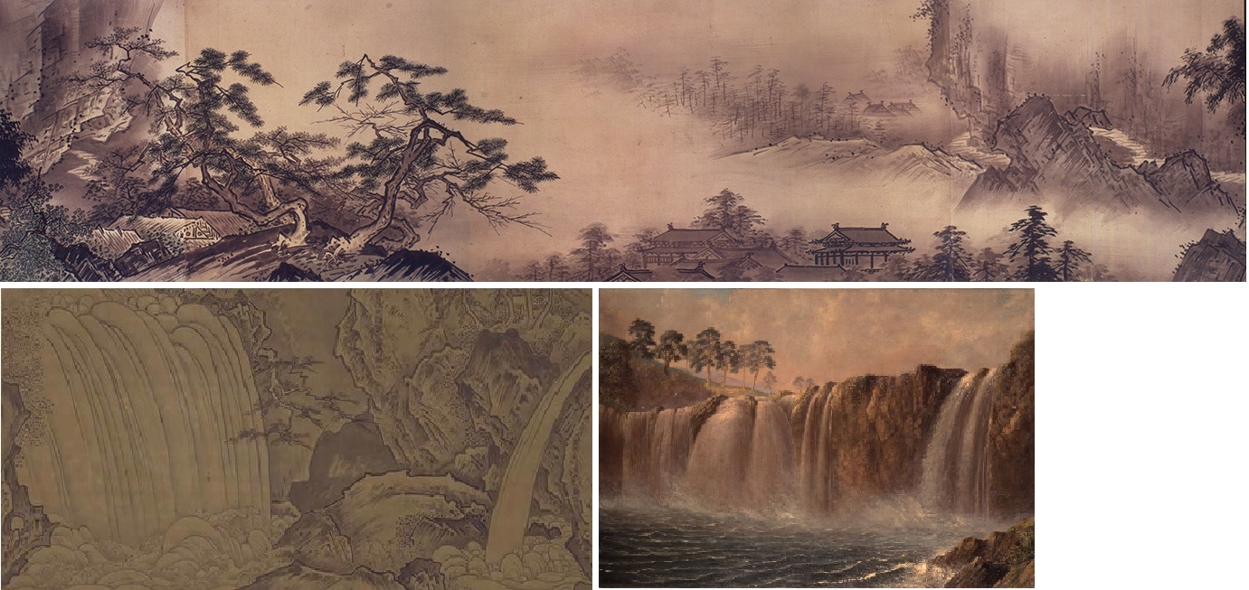 上から時計回りに、雪舟 『山水長巻』狩野常信『鎮田瀑図』諫山麗吉『沈堕之瀧』