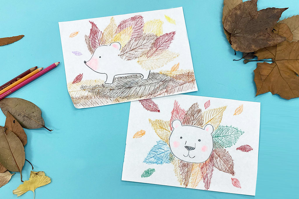 葉っぱのフロッタージュでハリネズミとライオン