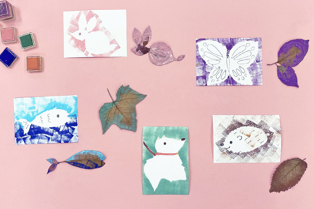 落ち葉でペタペタアート「かわいい動物たち」