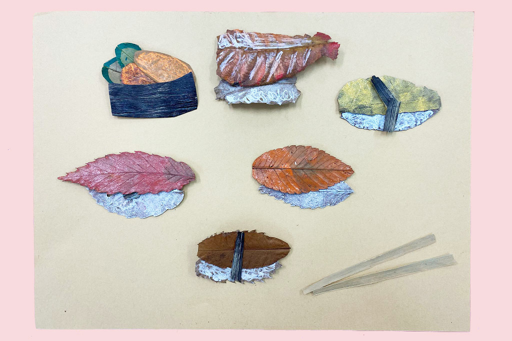 インクがついた葉っぱで作った落ち葉の寿司