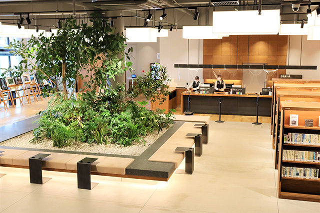 グリーンが爽やかな2階のカウンター/和歌山市民図書館(和歌山県)