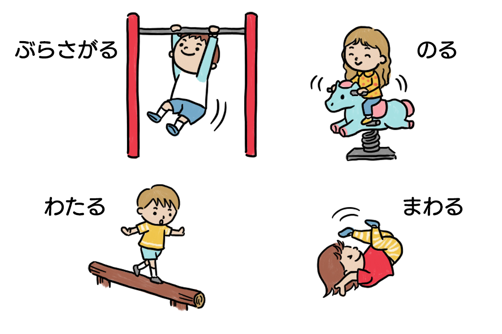 バランスをとる動き「ぶらさがる」「のる」「わたる」「まわる」