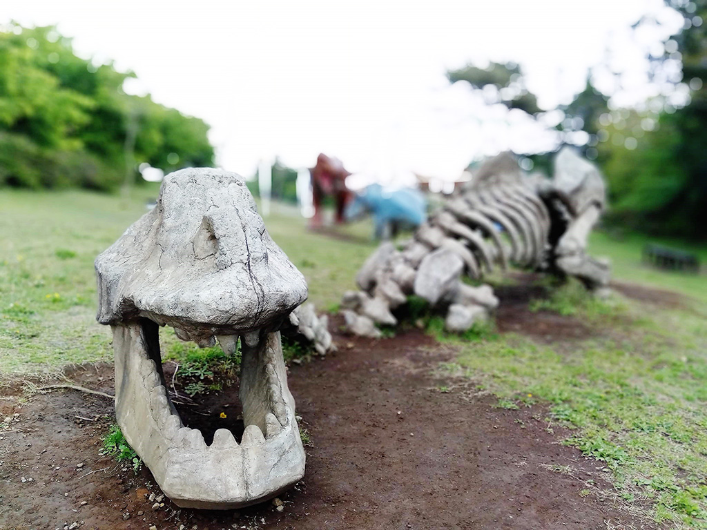 骨になった恐竜（スケルトンザウルス）のオブジェ/恐竜広場（小室山公園内）（静岡県/伊東市）