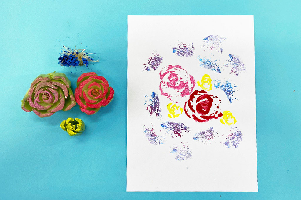 野菜スタンプのアイディア集：小松菜とチンゲンサイで、バラのサンクスカード