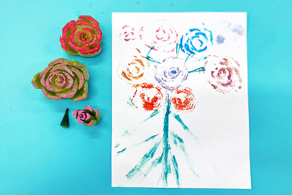 野菜スタンプのアイディア集：小松菜とチンゲンサイでバラの花束