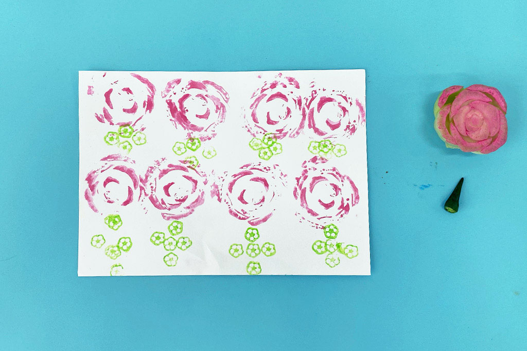 野菜スタンプのアイディア集：チンゲンサイとオクラの断面の組み合わせ