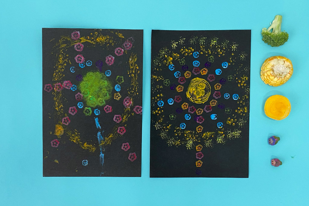 野菜スタンプのアイディア集：ブロッコリー、トウモロコシ、玉ネギ、オクラで、野菜の花火