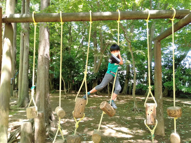 ロープに下がる不安定な丸太を渡る「丸山遺跡石器移り」／ありのみコース（千葉県/市川市）