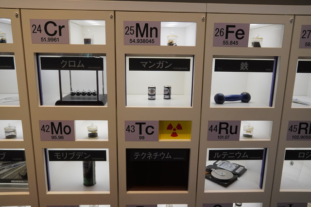 元素記号と元素そのもの、元素を応用した物質が並んだ展示/姫路科学館(兵庫県/姫路市)