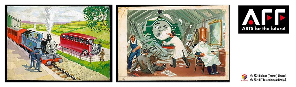 左)『トーマスとバーティー 』右)『ダック、とこやさんへいく 』/「きかんしゃトーマス展」京都鉄道博物館(京都府/京都市)