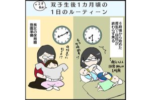 #55 生後1ヶ月の生活ルーティーン 授乳に沐浴、上の子のお世話も[双子育児漫画]