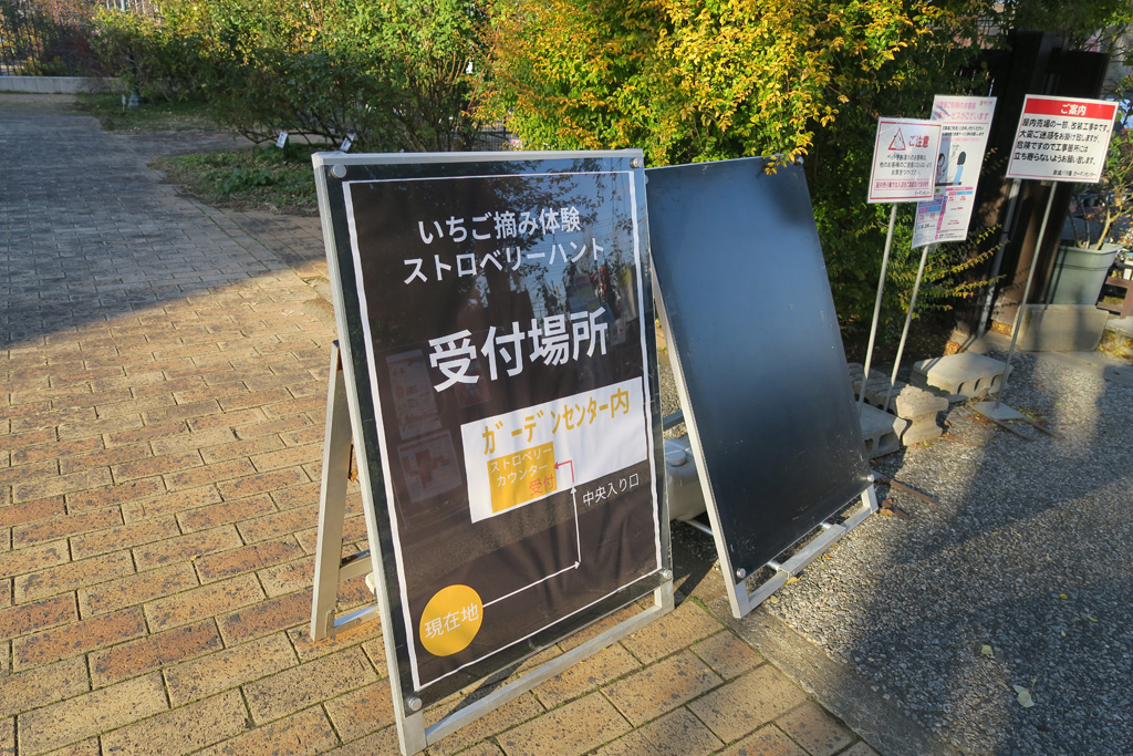 ガーデンセンターはバラ園の受付前を右に曲がって/京成バラ園のいちご狩り施設（千葉県八千代市）