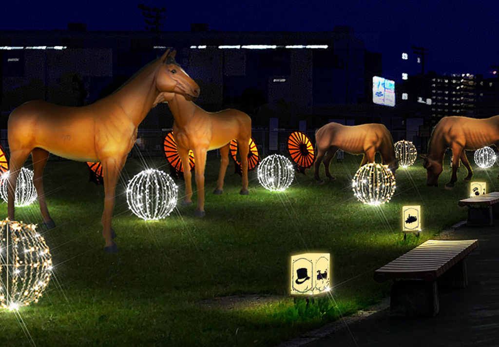 馬のオブジェがある「芝生広場」/東京メガイルミ(東京都/品川区)