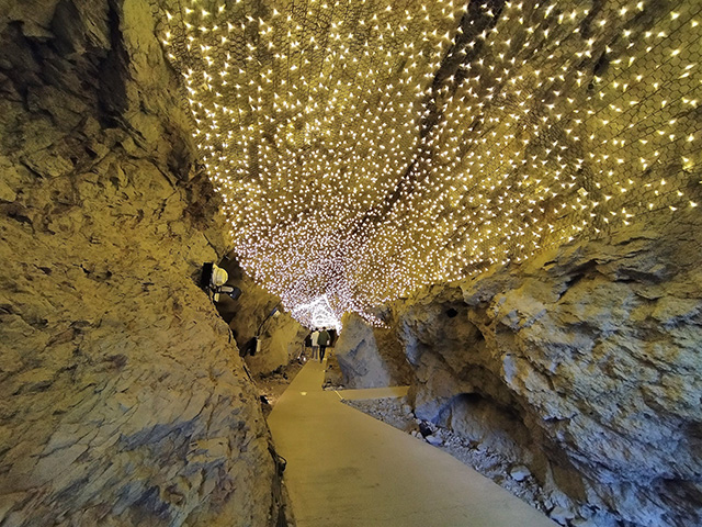 ライトアップされた第二岩屋の洞内/江の島岩屋（神奈川県/藤沢市）