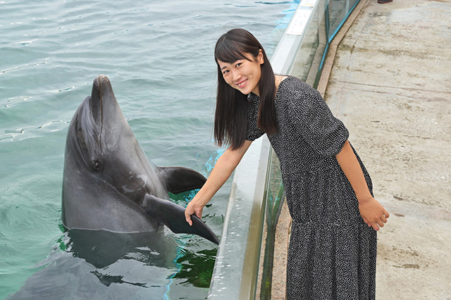 イルカと握手しながら記念撮影/横浜・八景島シーパラダイス(神奈川県/横浜市)
