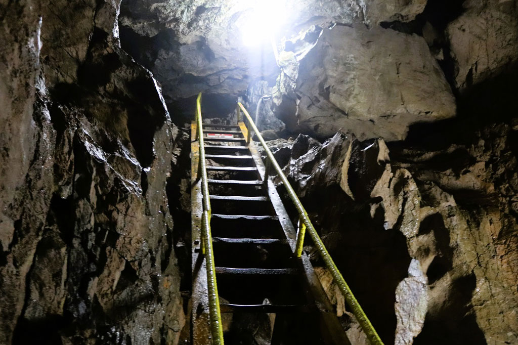 頭上に注意しながら梯子を上って4階へ/河内の風穴（滋賀県／多賀町）