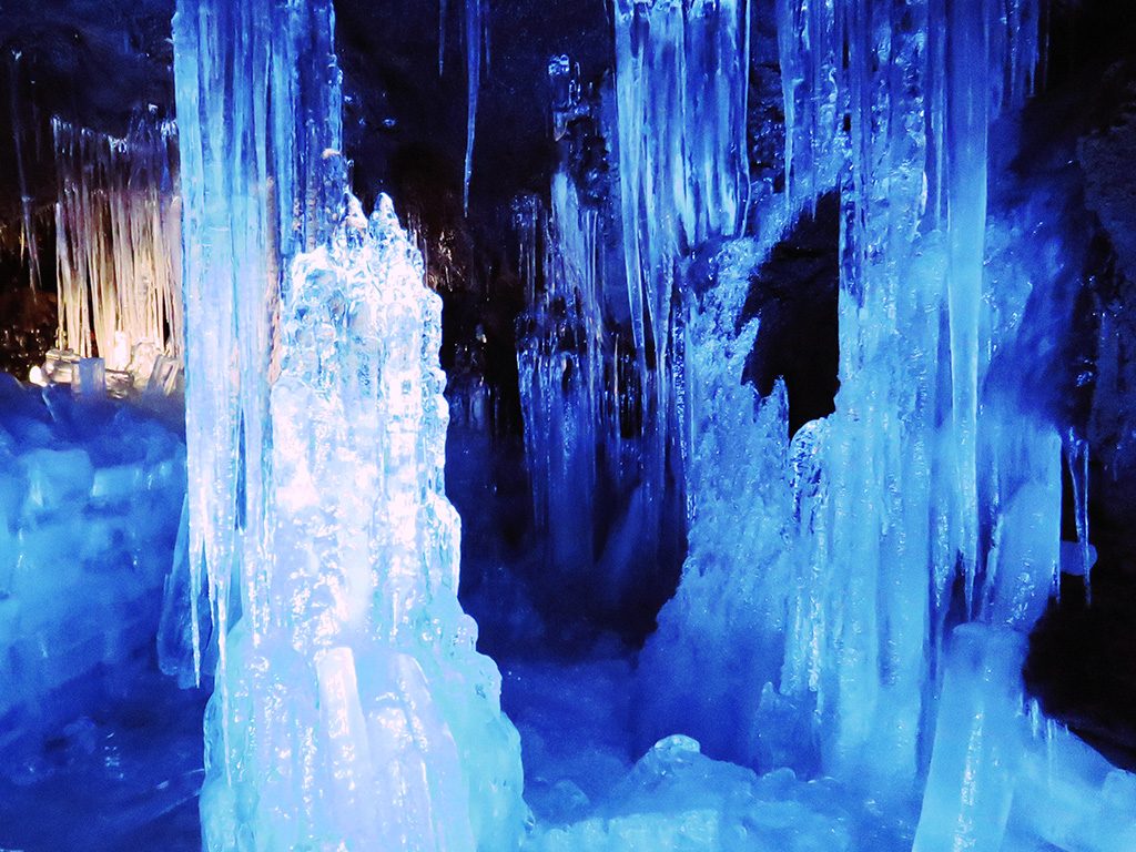 ライトアップされて氷柱/洞窟「富岳風穴」（山梨県/富士河口湖町）