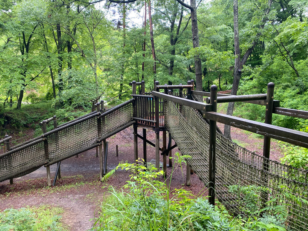 スリル満点のつり橋のような遊具/長野市茶臼山恐竜園・自然植物園(長野市)