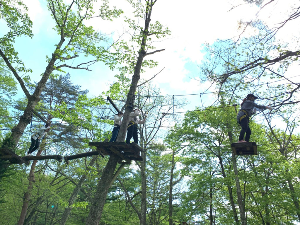 スリル満点の高い木の上を進むツリートレッキング/アミーチアドベンチャー軽井沢(軽井沢町)